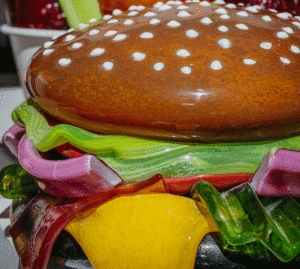 Life-size glass hamburger with bun, overflowing with green lettuce, red onion, green pickle, bacon slide and yellow cheese.